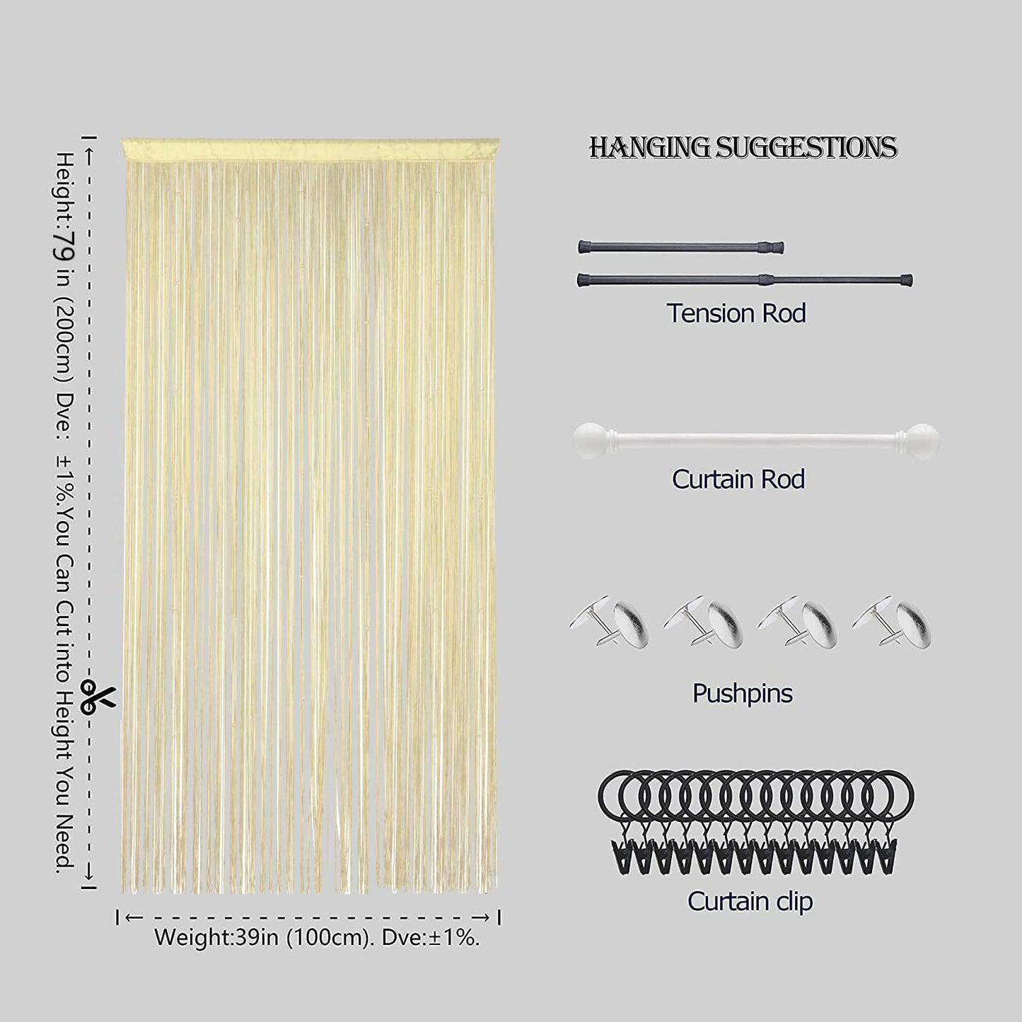 Beaded Curtain Beads Door String Curtains Ideal for Living Room Decor Wall Hanging Fringe Doorway Divider Bedroom Backdrop Hippie Window Closet Privacy Rod Pocket Dense (100x200cm,Champagne)