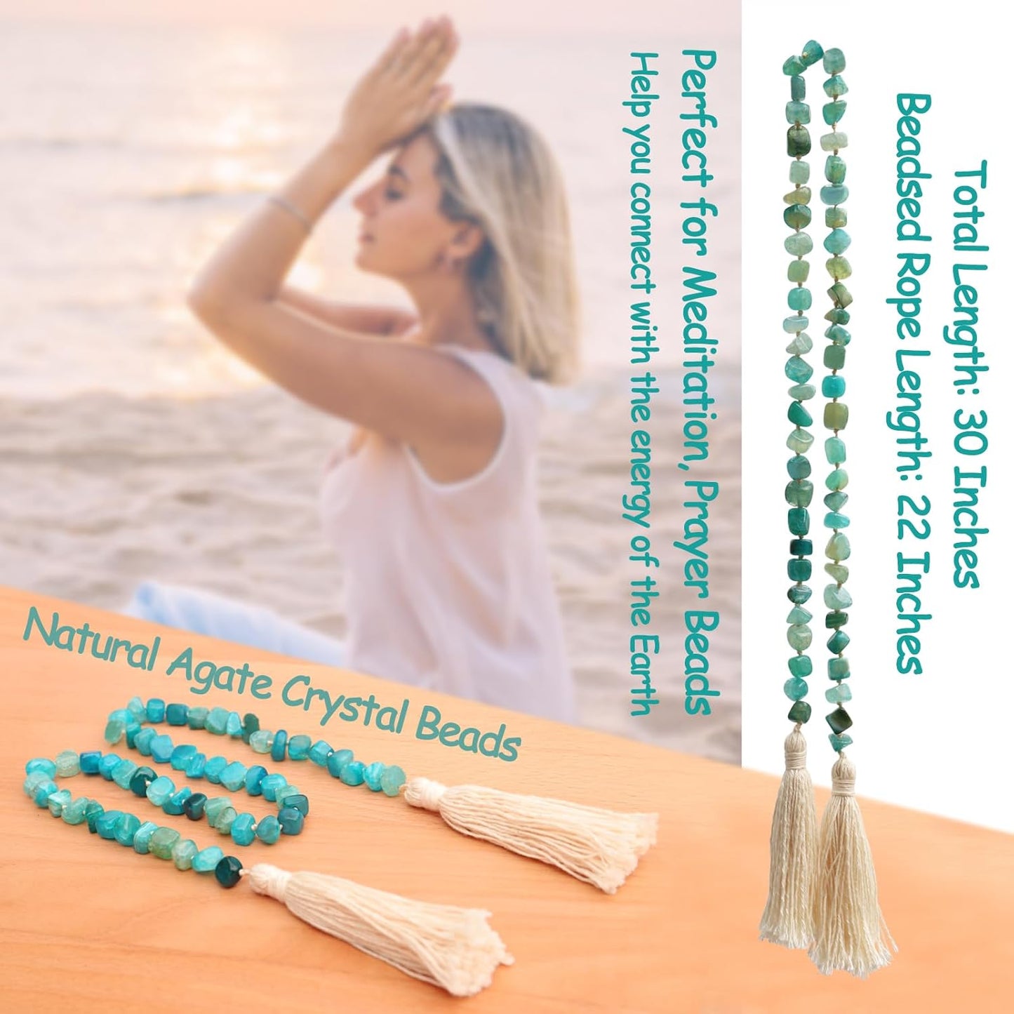 Agate Stone Hand Knotted Garland Modern Farmhouse Rustic Table Home Decor, 30inch Meditation Accessories with Tassel, Prayer Healing Beads Boho Wall Shelf Hanging Decoration (Lime Green)