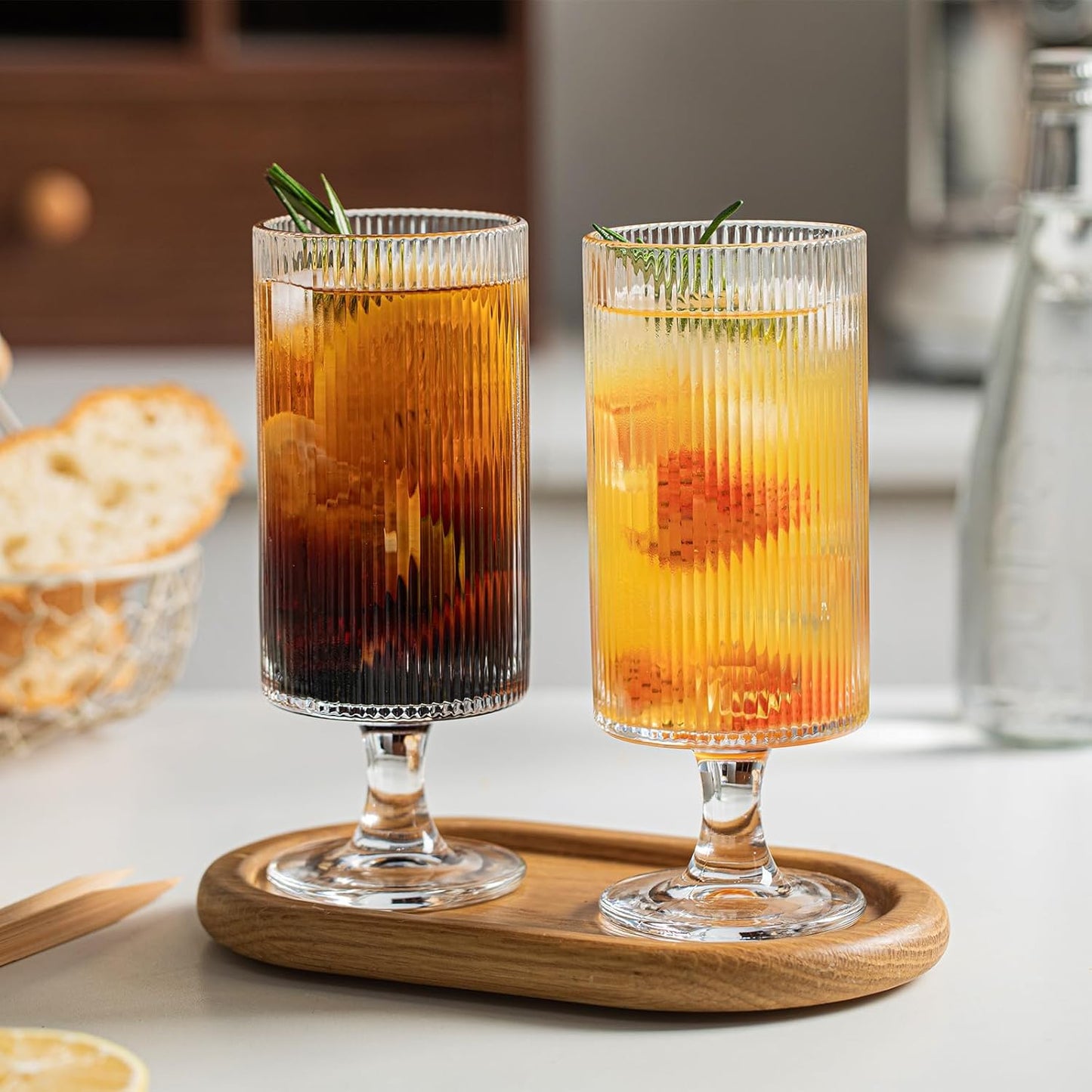 INSETLAN Set of 4 Ribbed Glass Goblets – 12oz Vertical Stripe Stemmed Glassware for Cocktails, Wine, and Beverages – Elegant Durable Glass Cups for Parties, Weddings, and Everyday Use