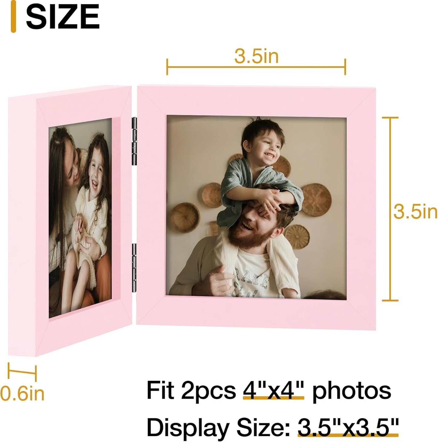 decorUhome Double 4x4 Picture Frame Vertical, Engineered Wood Bifold Photo Frame with Plexiglass for Tabletop Display, 4x4, Pink