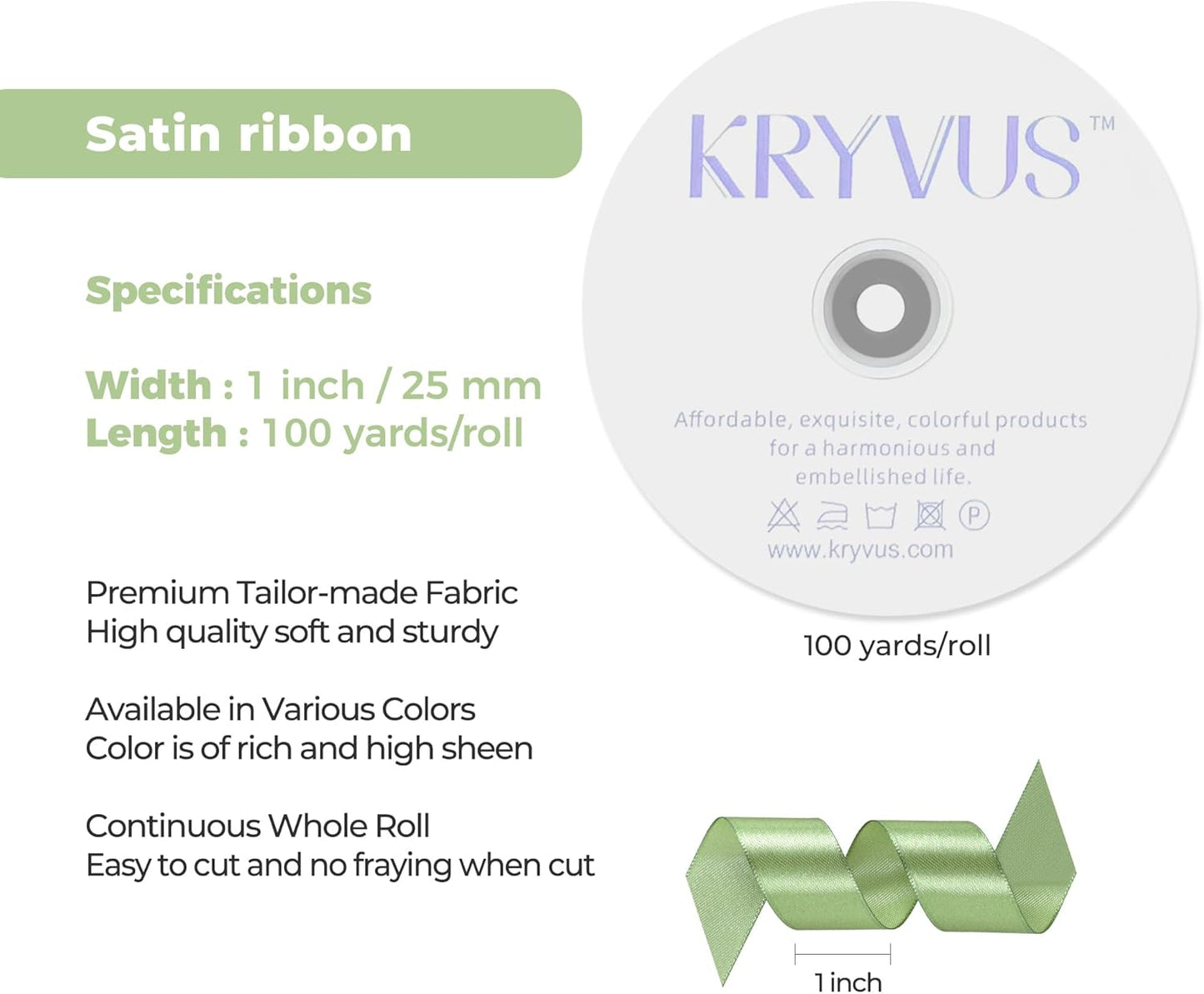 Sage Green Satin Ribbon 1 inch X Continuous 100 Yards, Single Face Polyester Ribbon Perfect for Gift Wrapping, Flower Bouquet, Wedding Decor, Crafts, Bow Making, Sewing and More