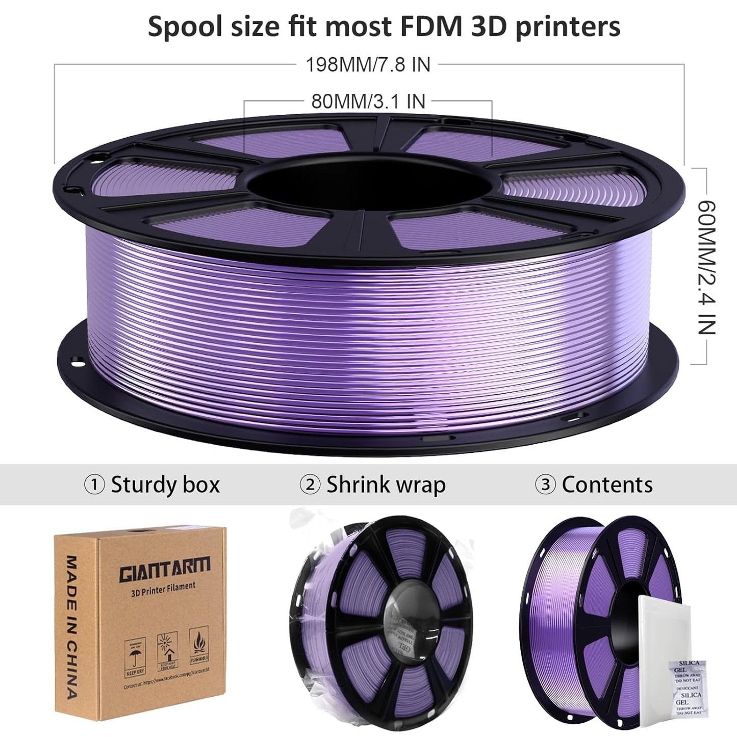 GIANTARM 3D Printer Filament, Silk Purple Pla Filament, 1Kg(2.2lbs) Spool, 1.75mm Dimension Accuracy +/- 0.03mm, 3D Printing Filament