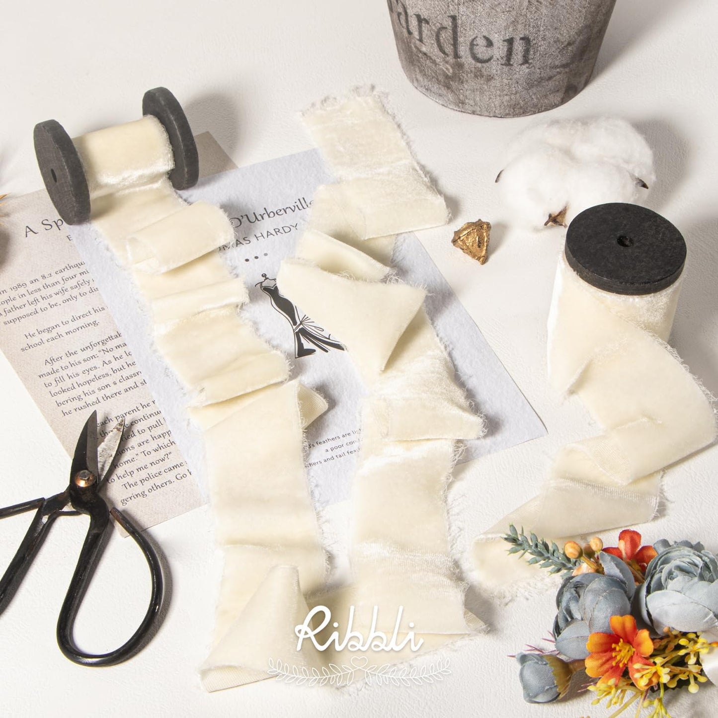 Ribbli Ivory Velvet Ribbon 1.5 Inch Handmade Frayed Vintage Christmas Ribbon for Gift Wrapping Christmas Tree Ornament Wreath Craft Home Decor -Total 3 Yards with Wooden Spool