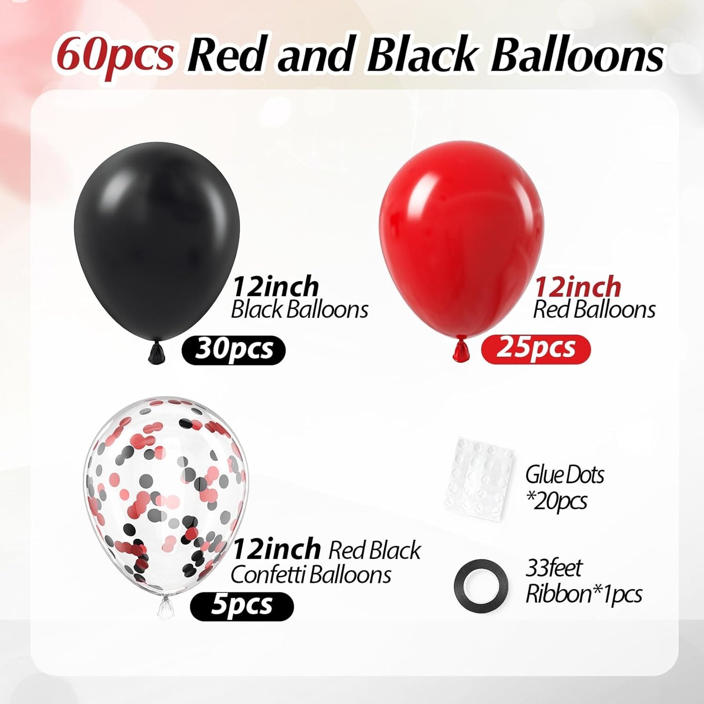 Red and Black Balloons, 60pcs 12inch Black Red Confetti Balloons for Graduation Wedding New Year Eve Birthday Party Decorations