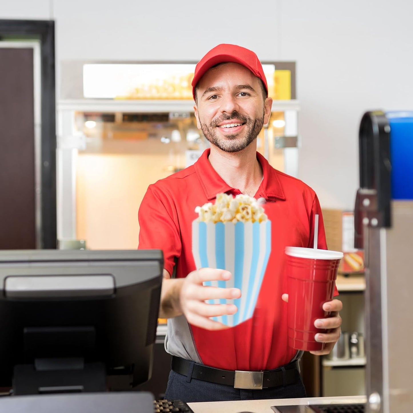 50 Pcs Popcorn Boxes Mini Paper Popcorn Box Cardboard Popcorn Container for Party Disposable Snack Candy Popcorn Bags Popcorn Holder for Movie Nights Birthday Wedding (Light blue,White)