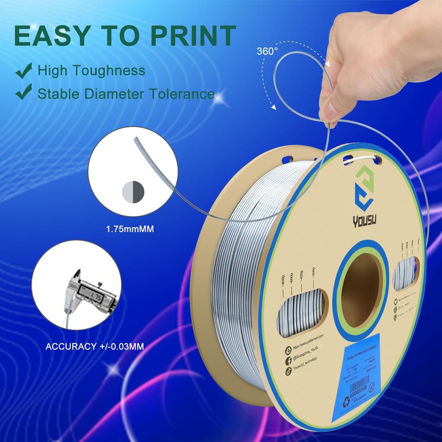 YOUSU Black White PLA Filament Coextrusion, PLA Filament Multicolor, 3D Printer Filament 1kg, Color Change Filament.