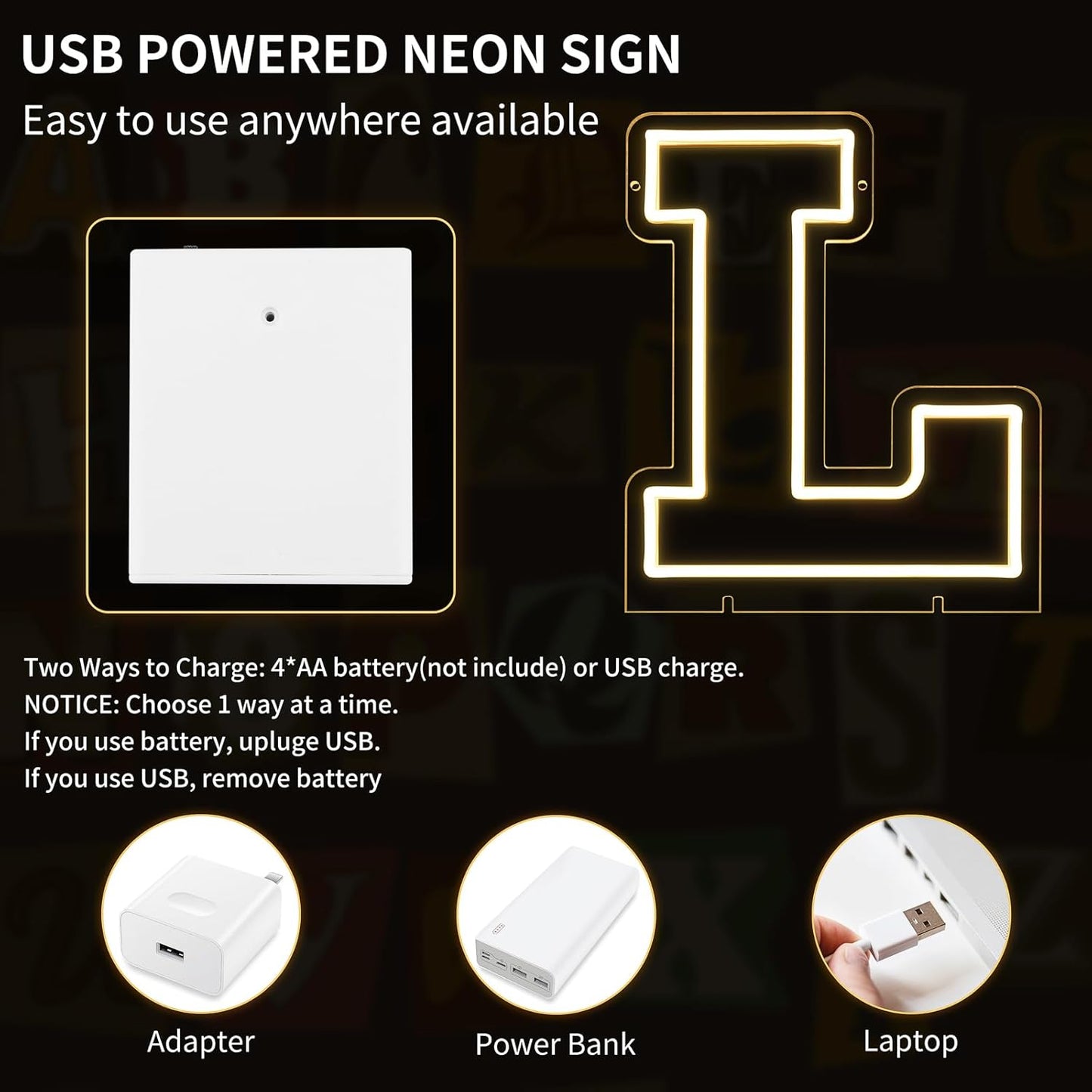 Light Up Letters L, Led Marquee Letter Lights Neon Sign, 13.9" Height Decorative Lighted Alphabet Number, Battery/USB Powered Led Letters Lights for Wedding, Birthday, Party, Christmas or Home Decor