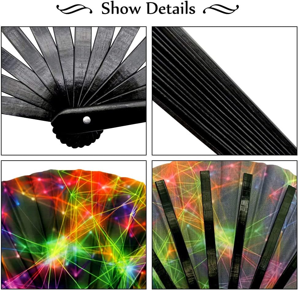 2 Pack Large Folding Rave Fan for Women/Men Holographic Festival Bamboo Clack Hand Fan Decorative Accessories for EDM, Music Festival, Event, Party, Dance, Performance,Halloween (Style-1)