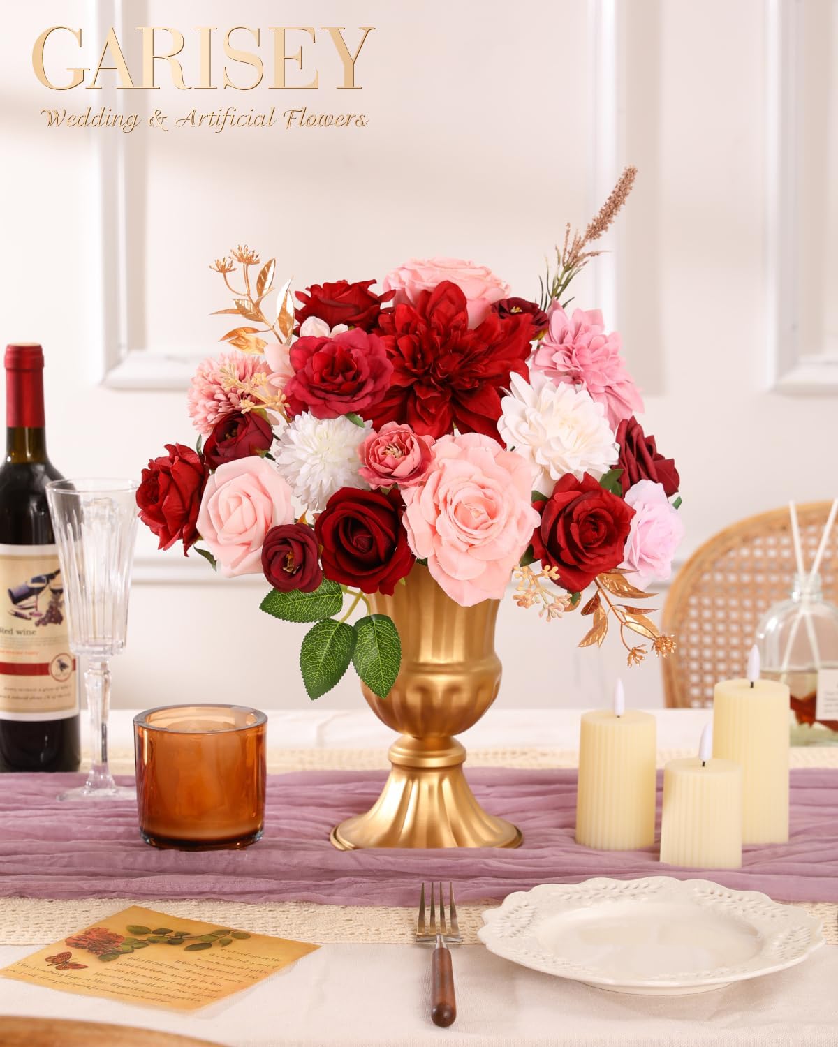 Artificial Flowers Combo, Mix Silk Flowers Roses, Peonies, Dahlias with Stems for DIY Wedding Bridal Bouquets, Baby Shower, Table Centerpieces, Home Decor, Fake Floral Arrangements-Red&Pink