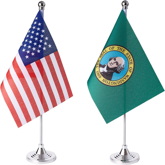 ZXvZYT 2 Pack American US Washington flag USA Washington WA State table flag,Small Mini United States Desk Flags With Stand Base,for U.S. States Party Events Celebration Decorations Supplies