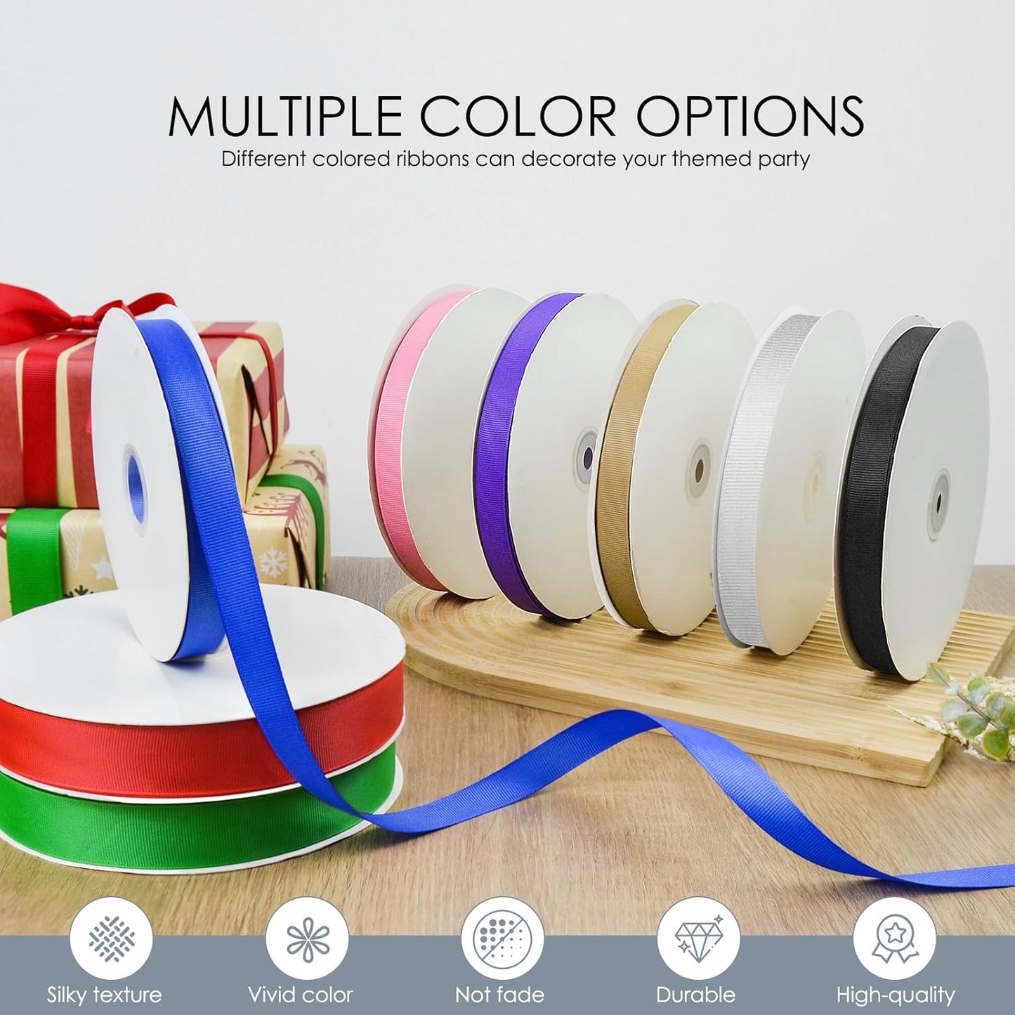 50 Yards 3/8 inch Grosgrain Ribbon, Solid Color Fabric Ribbon Perfect for Gift Wrapping, Wedding, Handmade Bows, Floral Bouquets and Party Decoration(White)