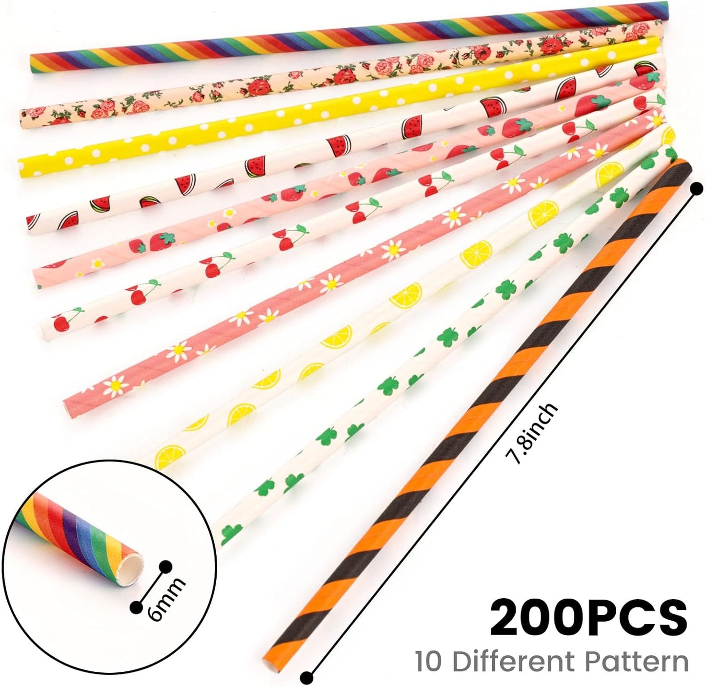 HAKACC Paper Straws for Drinking, 200PCS Party Straws for Birthday Wedding and Holiday DIY Decorations, 10 Styles