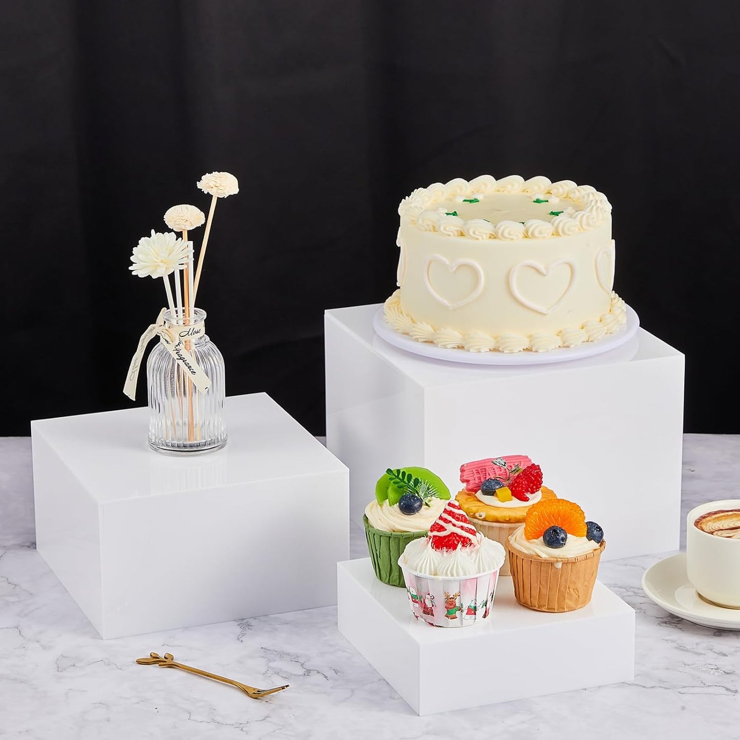 Leinuosen 7 Pcs Large Buffet Risers Set 6" to 12" Acrylic Display Box Catering Dessert Table Riser Food Display Decorative Stand with Hollow Bottom for Catering Supplies(White, Square)