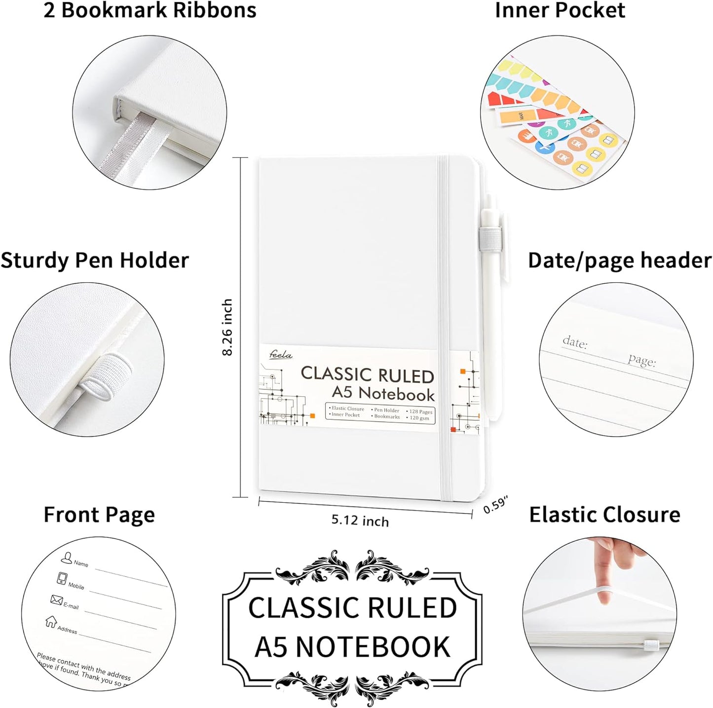 feela College Ruled Notebooks, 24 Pack Business Notebook Hardcover Lined Writing Journal with Pen Holder for Men Women Note Taking, with 24 Black Pens, 120 GSM, 5.1”x8.3”, A5, White