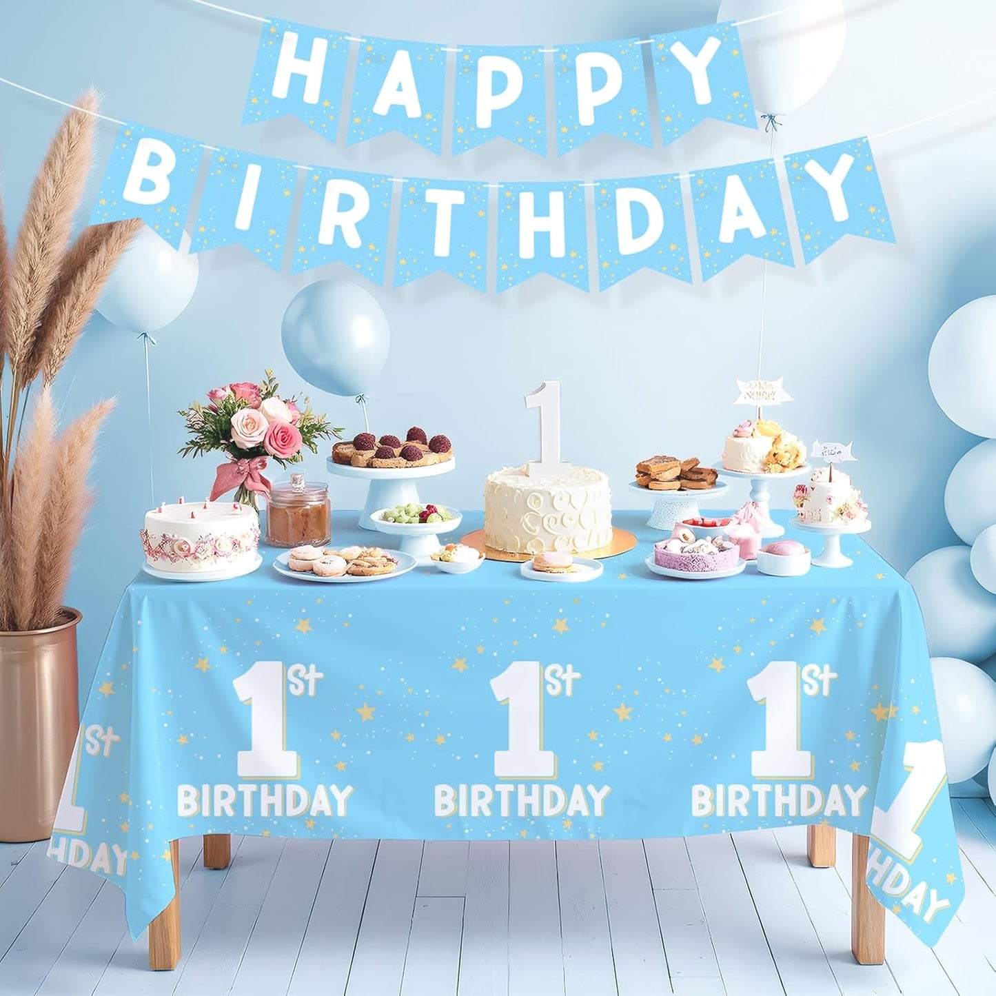 Gatherfun Baby Blue Party Supplies Set: 1st Birthday Decorations, Includes 2-Pack Baby Boy -Themed Tablecloths for First Birthday Decorations, Disposable Table Covers 54 x 108 Inch