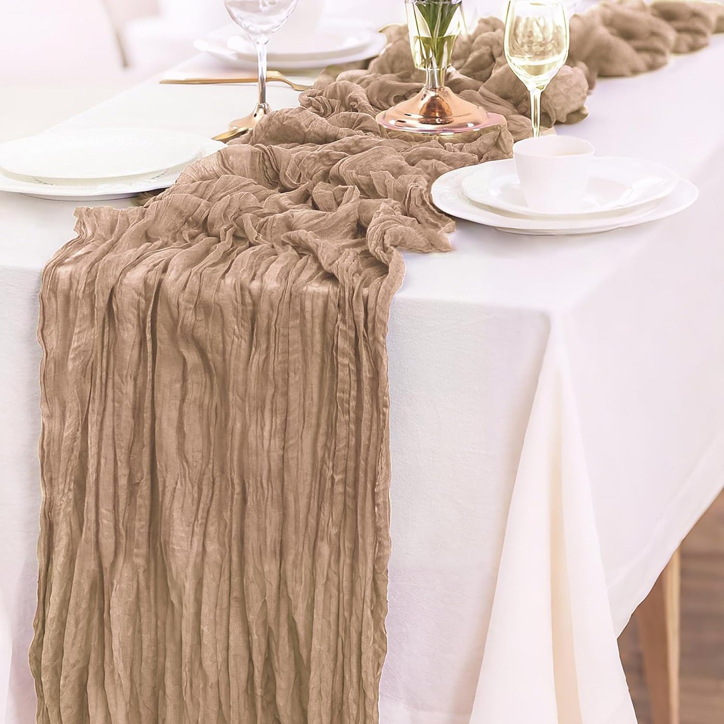 1-Pack Khaki Cheesecloth Table Runners – 10FT (35x120 Inch) Boho Rustic Gauze Fabric Cheese Cloth Table Runner for Weddings, Baby Showers, Bridal Shower, Farmhouse & Birthday Party Decor