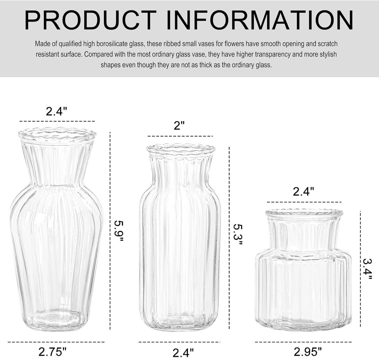 Modern Clear Glass Vase Set - 3Pcs Small Handmade Flower Vases, Decorative Mini Bud Vases for Wedding Reception, Dining Table, and Home Decor - Perfect for Single Stem Flowers