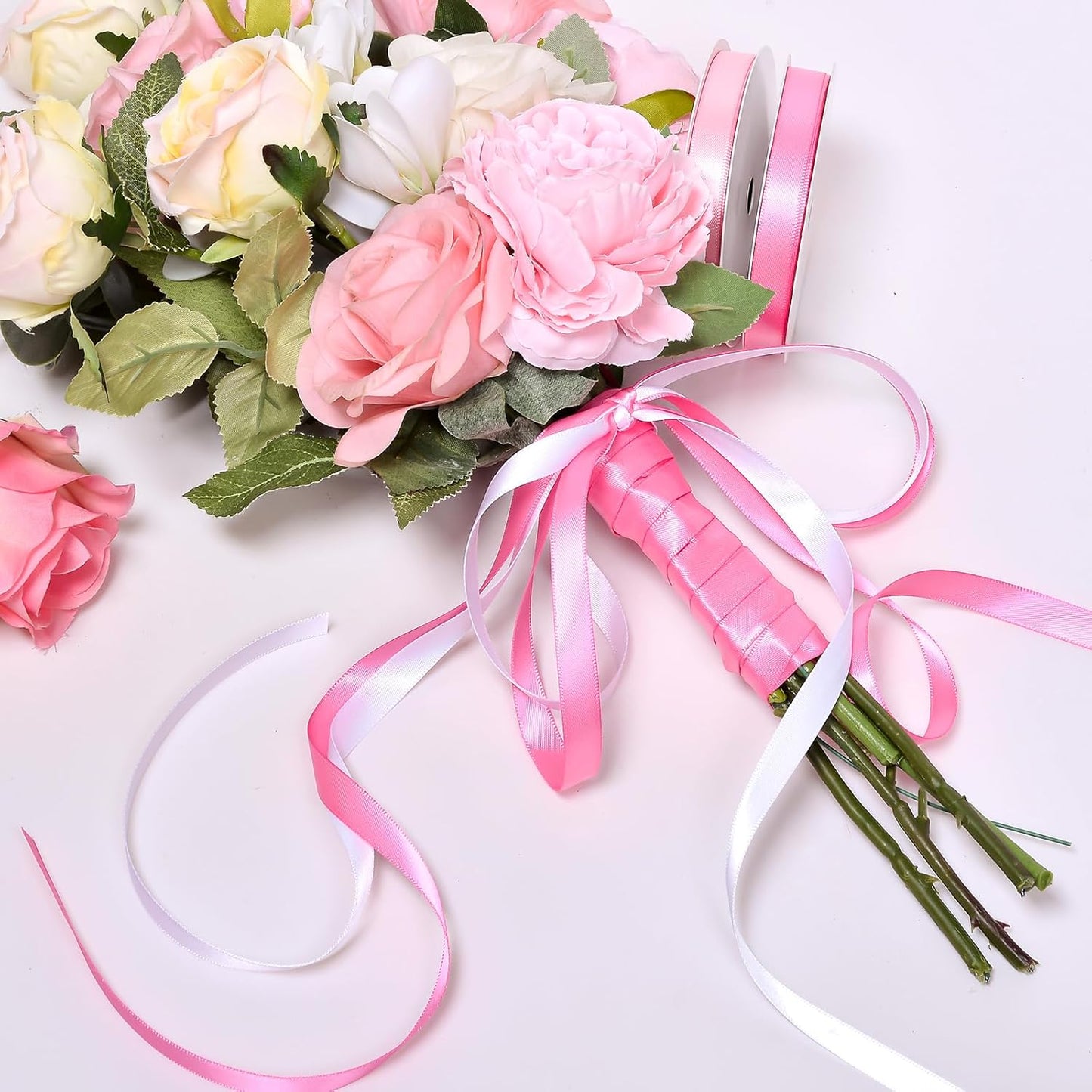 Ribest Pink Double Faced Satin Ribbon Set, 3/8 Inch White, Light Pink, Pink, Hot Pink, Fuchsia Ribbons for Valentine's Day Gift Wrapping Crafts Wedding Baby Shower, 5 Rolls × 10 Yards Total 50 Yards