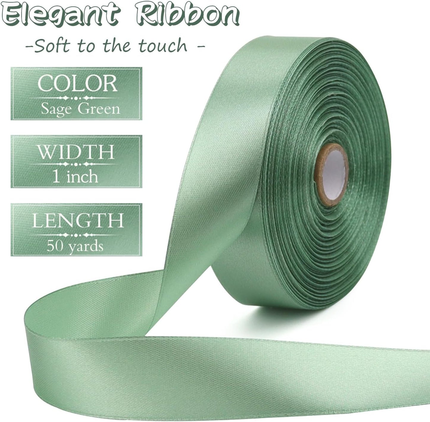 Sage Green Solid Satin Ribbon 1 Inch 50 Yards Solid Polyester Fabric Ribbon for Gift Wrapping Wedding Christmas Baby Shower Birthday Party Decoration Handmade Immortal Flower Craft