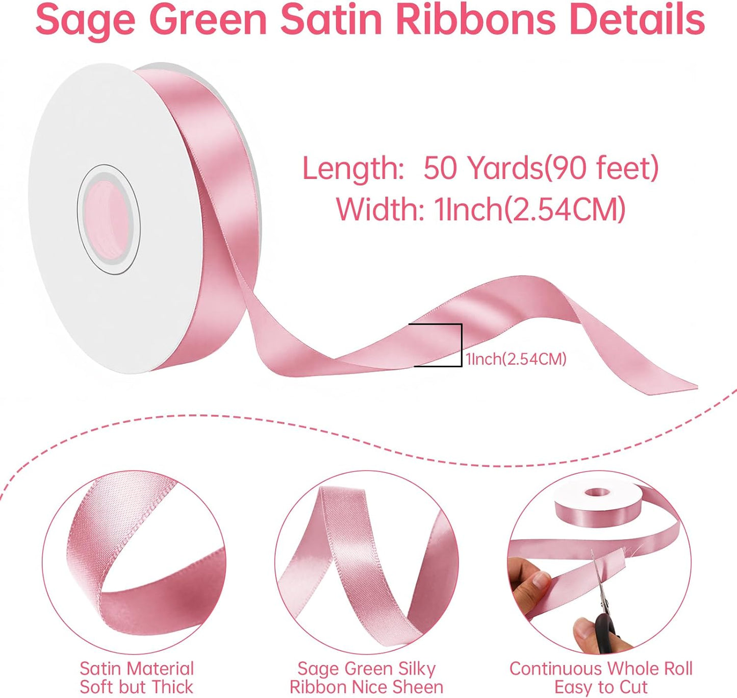 Pink Satin Ribbon 1 Inch Wide x 50 Yards, Double Faced Polyester Ribbon for Gift Wrapping, Wedding Decor, DIY Bows and Party Supplies