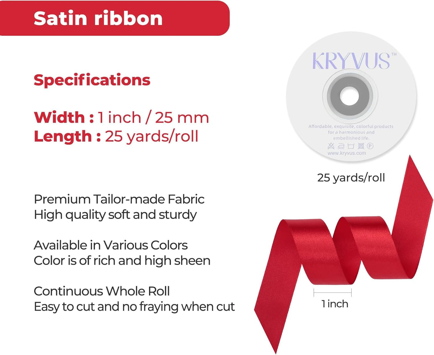 Red Satin Ribbon 1 inch X Continuous 25 Yards, Single Face Polyester Ribbon Perfect for Gift Wrapping, Flower Bouquet, Wedding Decor, Crafts, Bow Making, Sewing and More