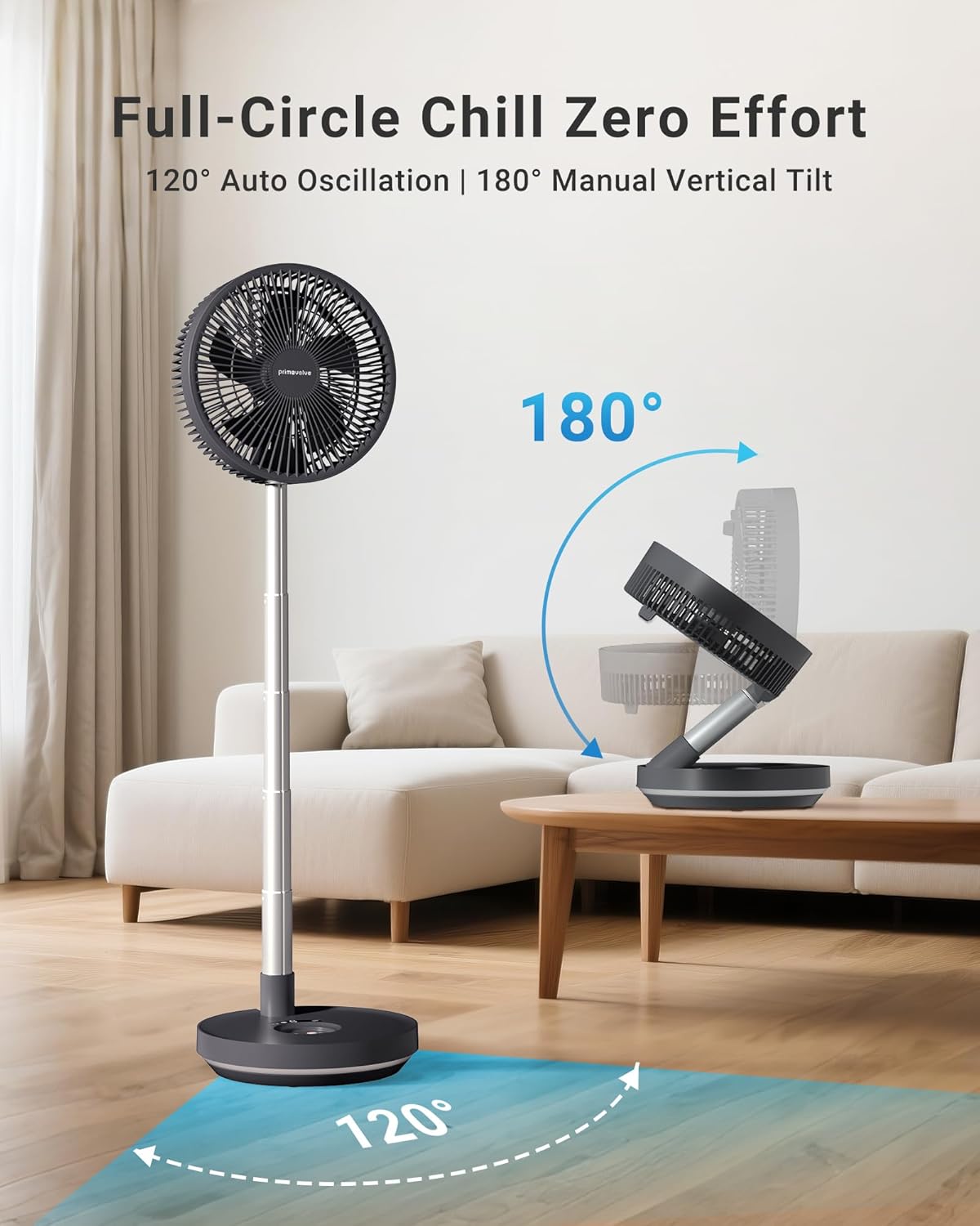 Primevolve Portable Rechargeable Oscillating Fan, Battery Operated Fan Adjustable Height, USB Home Office Outdoor Camping Travel, Dark Gray 10"