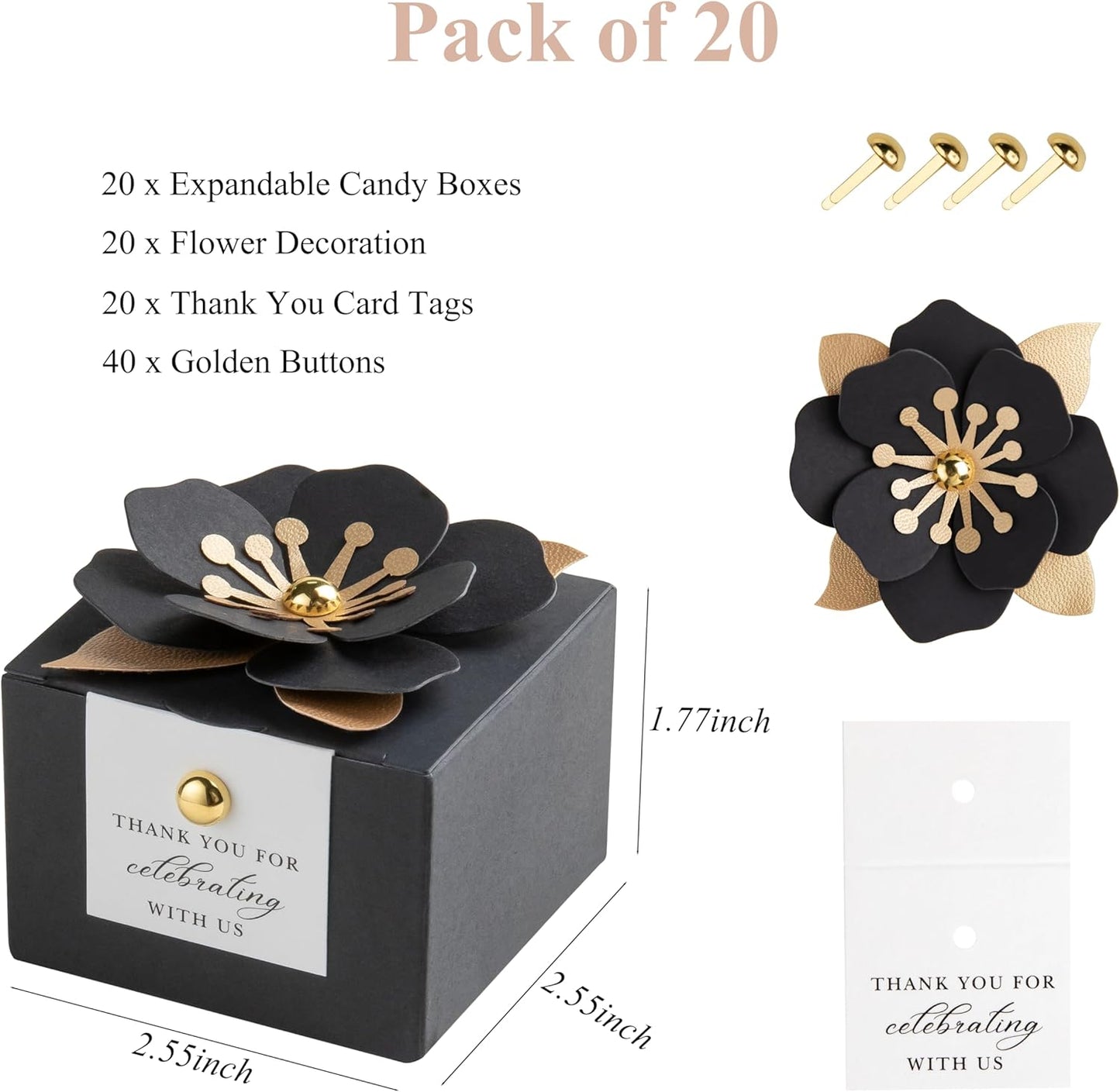 FEIYI 20 PCS Candy Boxes, 3 In 1 Black Favor Boxes with Floral Decor, White Thank You Tags Gift wrapping for Wedding Birthday Baby Shower Decorations Party -2.55x2.55x1.77''