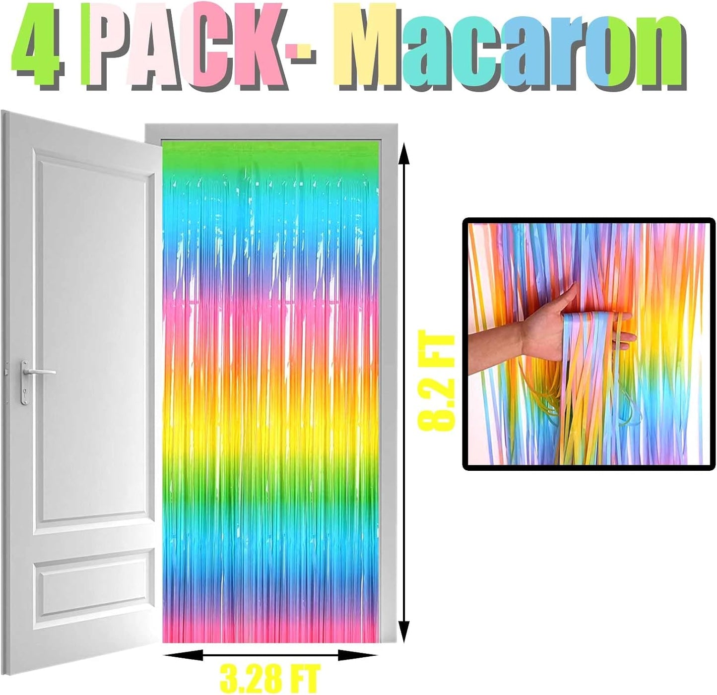 4 Pack Macaron Rainbow Foil Fringe Curtain Backdrop, 3.28Ft x 8.2Ft Metallic Tinsel Foil Fringe Streamer Curtains for Photo Booth, Birthday, Wedding, New Year’s, Easter Decorations Party Supplies