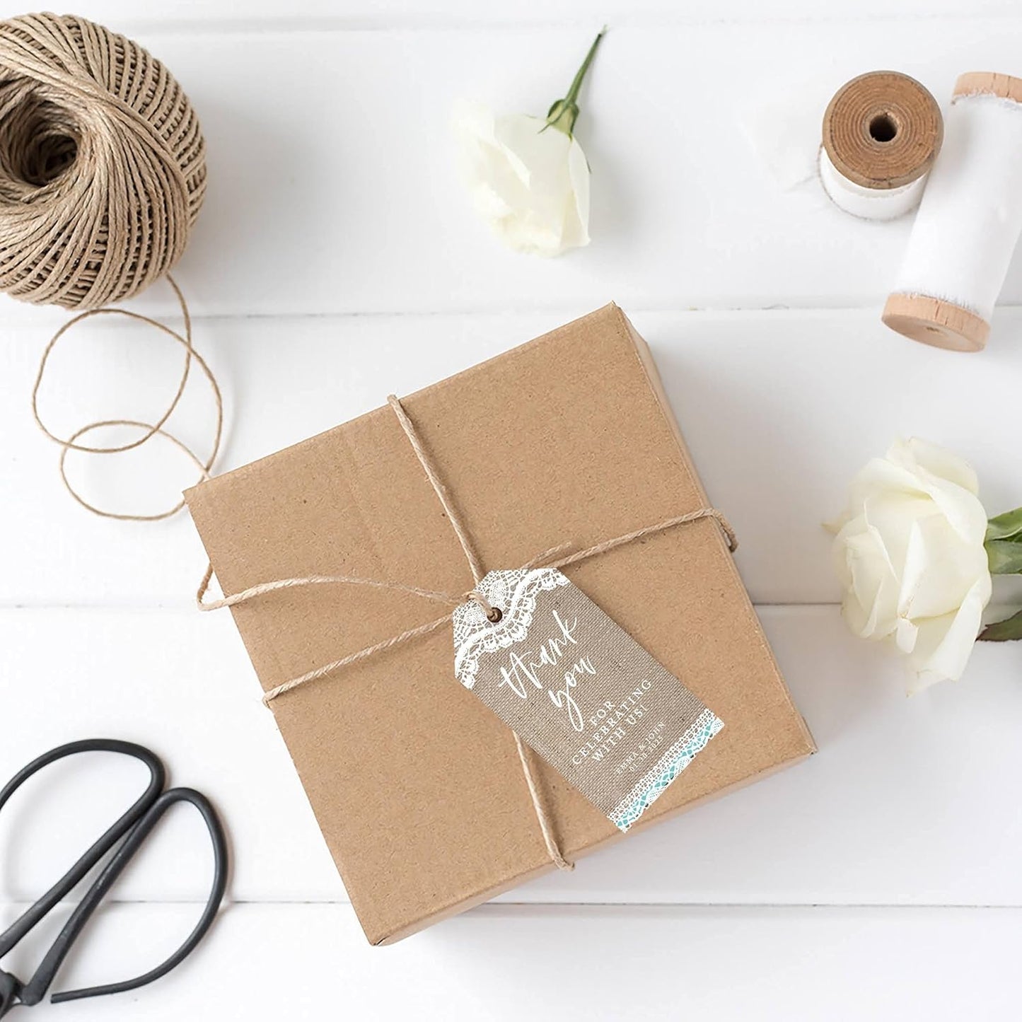 Andaz Press 100-Pack Personalized Thank You Tags with Bakers Twine Burlap Lace Custom Cardstock Wedding Gift Tags for Wedding Party Favors 2 x 3.75-Inches