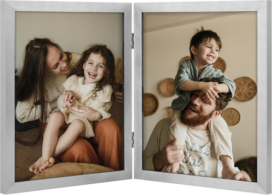 decorUhome Double 8x10 Picture Frame Vertical, Engineered Wood Bifold Photo Frame with Plexiglass for Tabletop Display, 8x10, Silver