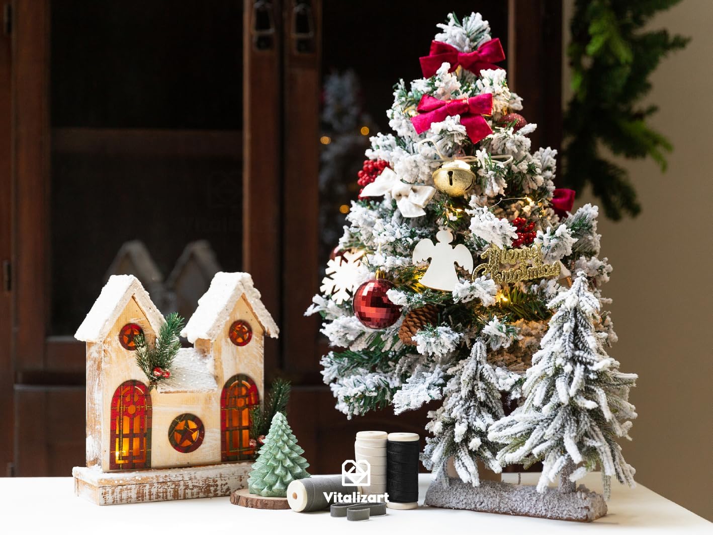 Vitalizart Velvet Ribbon Black White Set 3/8" x 15 Yd Wooden Spool Fabric Trim 3 Rolls * 5 Yd for Christmas Wreath Decoration Handmade Craft Ornaments Gift Wrapping & Bow Making