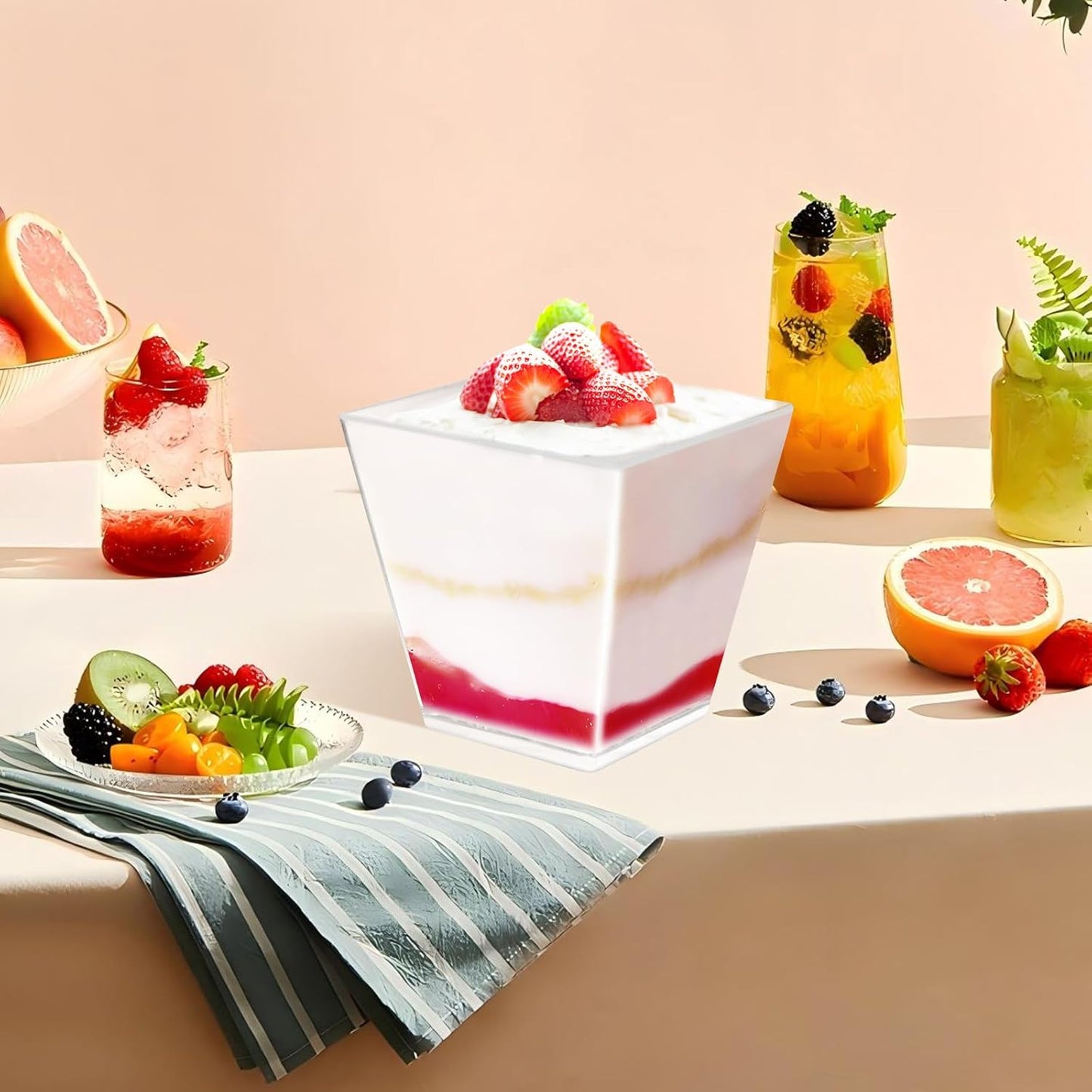 50 Pack 7 oz Clear Plastic Square Dessert Bowls with Spoons，Mini Disposable Parfait Cups for Yogurt, Ice Cream and Tasting，Serving Cups for Appetizer，Pudding，Party (7 oz)