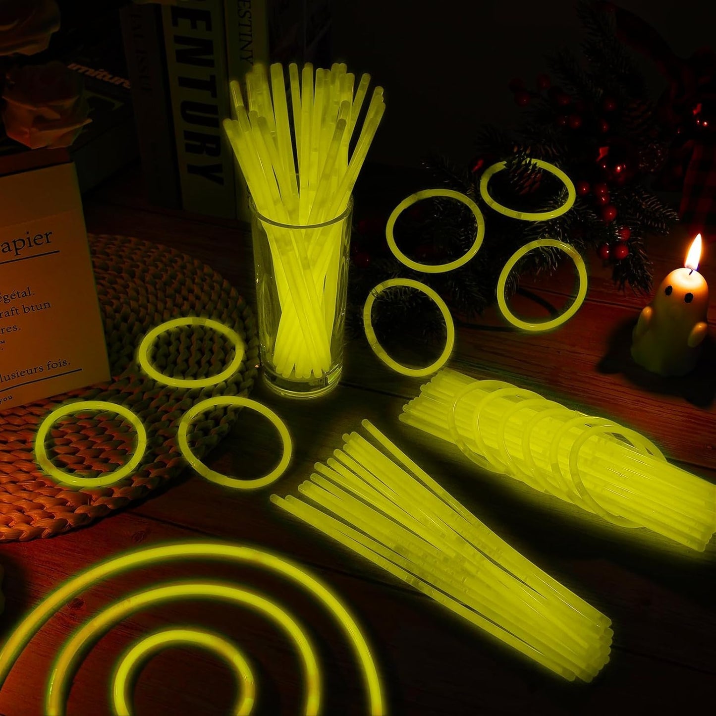 100 Pack 8” Yellow Glow Sticks Bulk with 100 Connectors Neon Glow In The Dark Party favors Supplies for Holiday Birthday Party Decoration (Yellow)