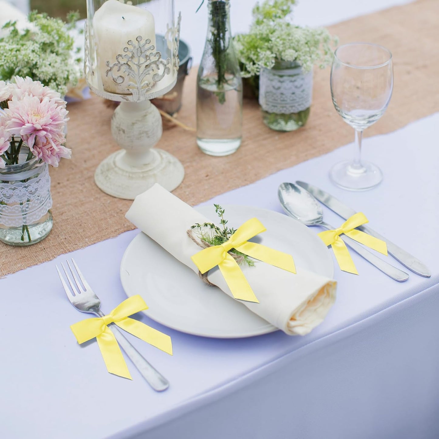 50Pcs Yellow Twist Tie Bows for Gift Wrapping 2.5" Satin Ribbon Bow for Treat Bags Cake Balloons Birthday Party Favors Wedding Decorations