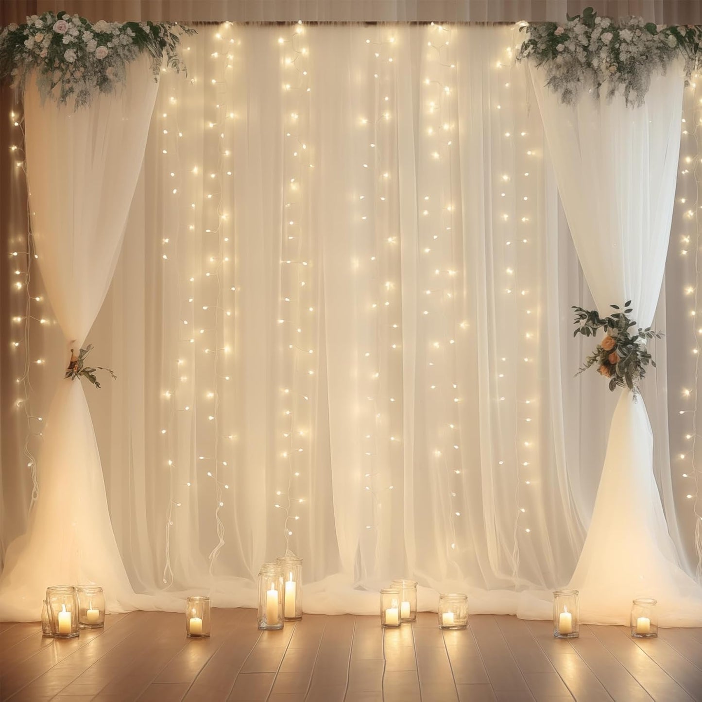 10ft x 10ft Cream White Chiffon Backdrop Curtain with Lights String for Parites Wedding Wrinkle Free Curtain Photo Backdrops Drapes for Baby Shower Birthday Party Home Decorations