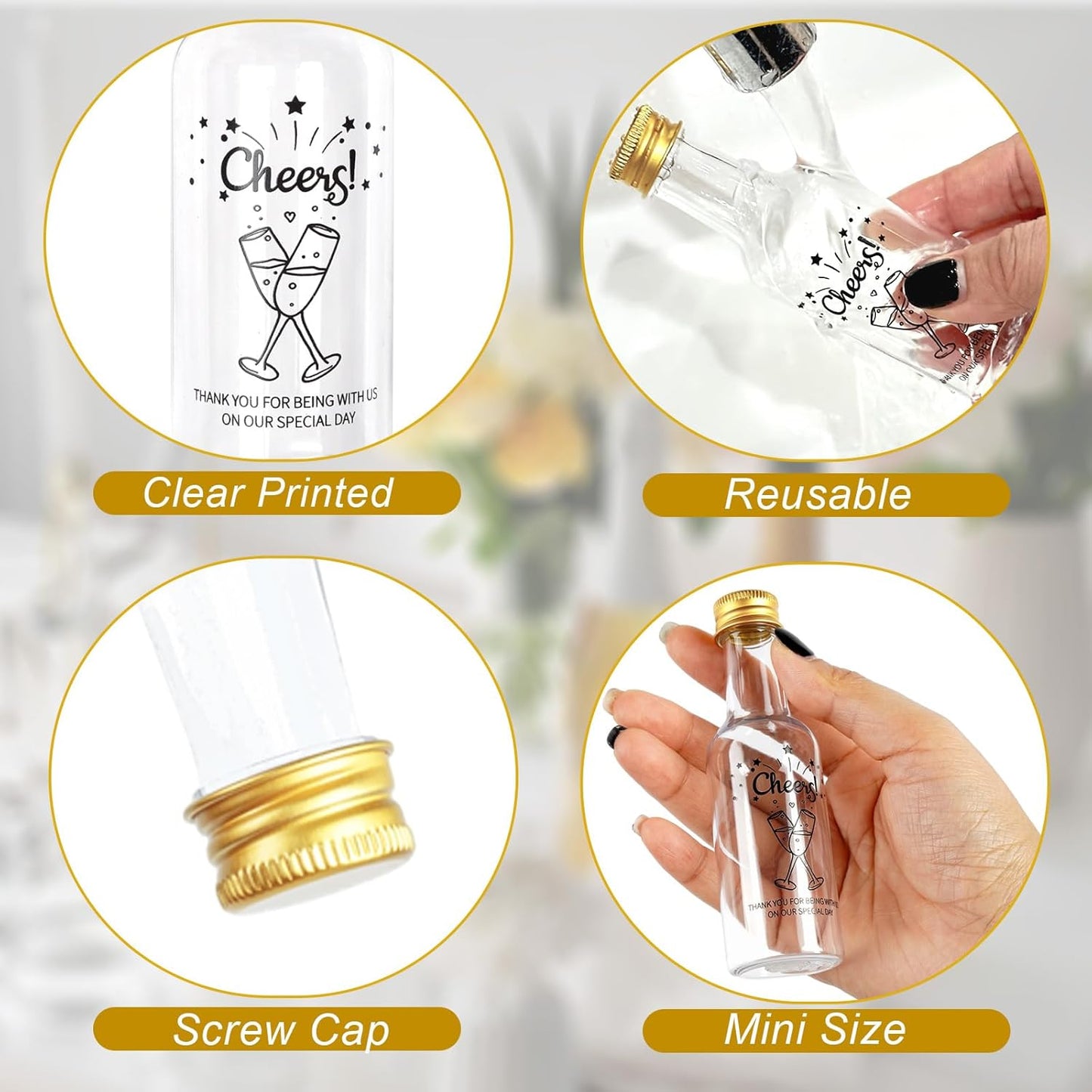 OurWarm 50 Pack Mini Liquor Bottles, 1.7oz/50ml Mini Shot Bottles with Gold Screw Caps Funnels Tags & Twines, Empty Wine Bottles for Juice Alcohol Homemade Liquor Birthday Wedding DIY Party Favors