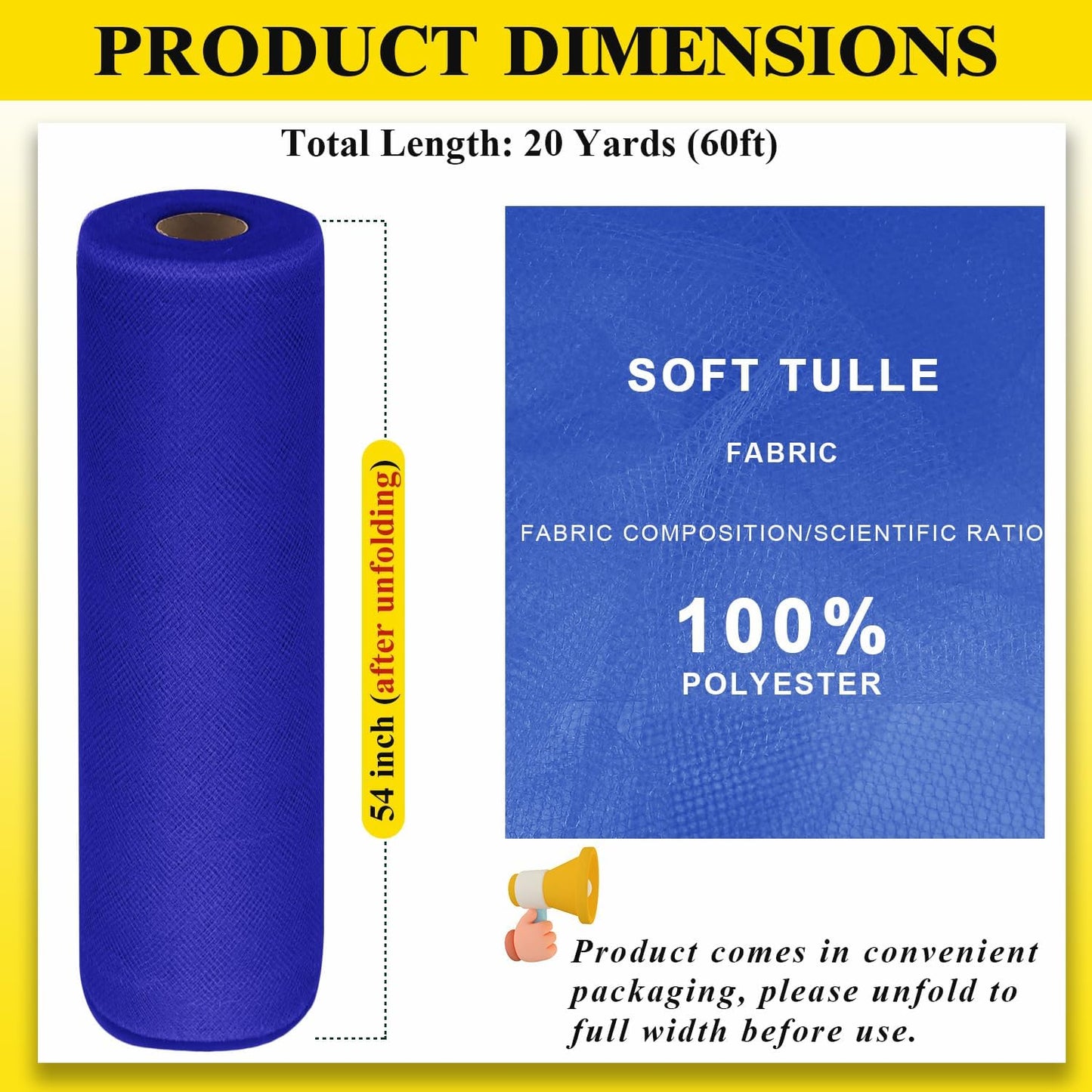 54" by 20 Yards Royal Blue Tulle Fabric Rolls - Tutu Spool Bolt for DIY Wedding Decoration, Baby Shower Tutu Skirt, Gift Wrapping - Large Matte Tulle, Roll Packaging