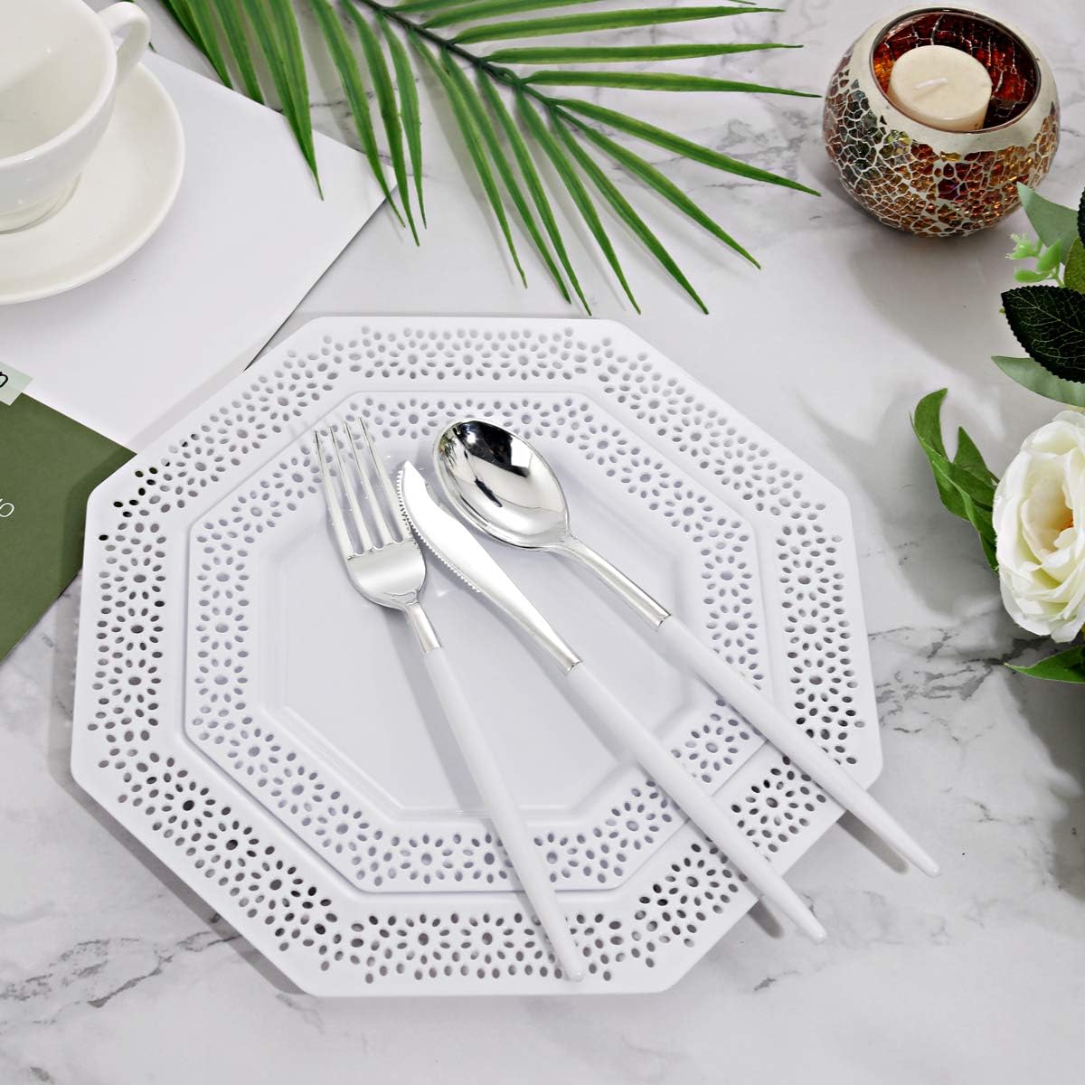 WELLIFE 144 Pack Silver Plastic Cutlery, Disposable Silver Flatware Includes： 48 Forks, 48 Knives and 48 Spoons, Suitable for Parties and Wedding for Wedding