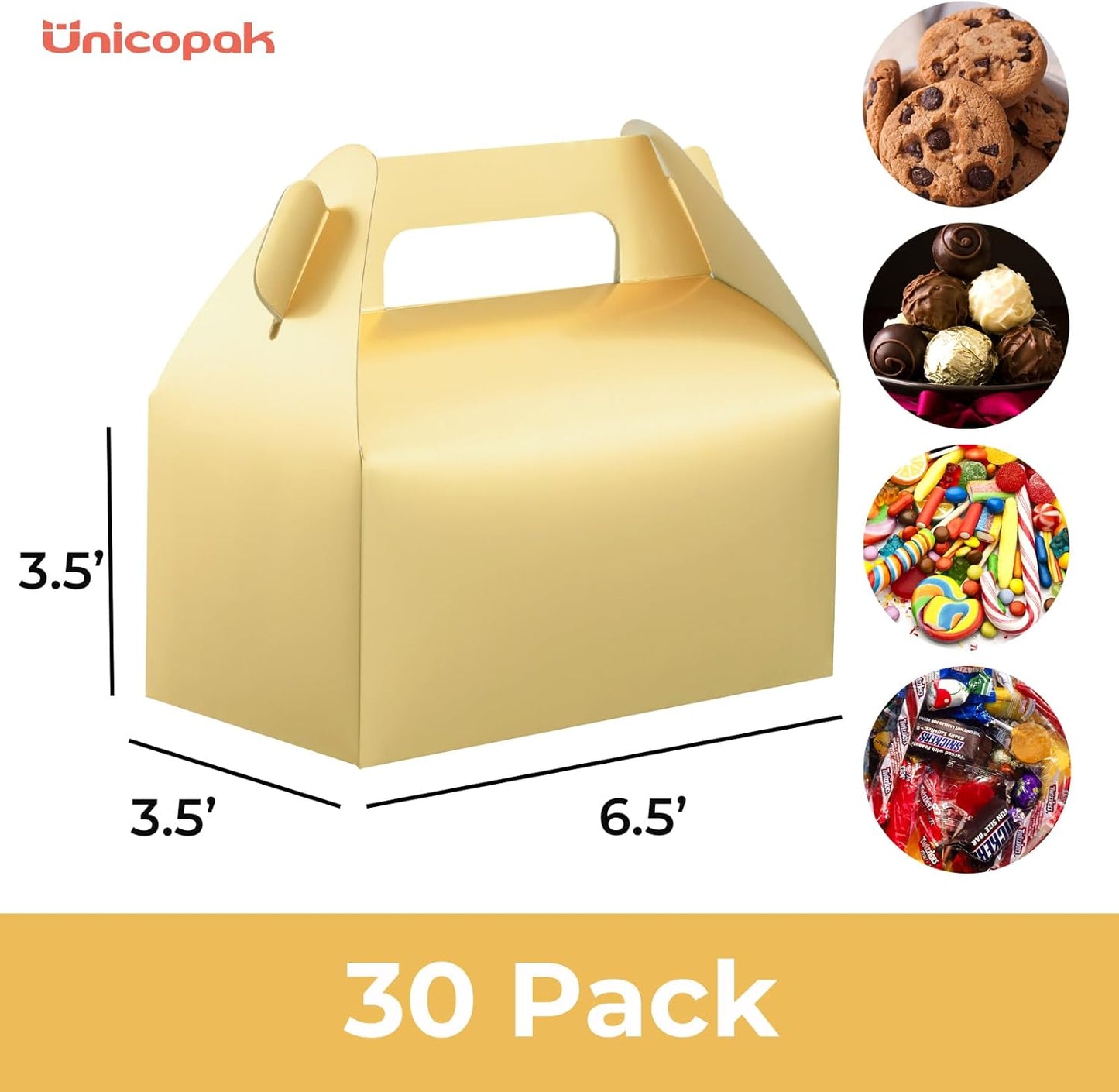 UnicoPak 30 Pack Gold Gable Treat Boxes, Party Favor Boxes, Gift Boxes for Kids, for Snacks, Candy, Toys, Birthday Party, Wedding, Halloween, Christmas – 6.5x3.5x3.5 Inches