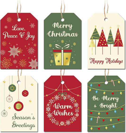 Christmas Gift Tags with String, 48 Pcs Christmas Hanging Tags Label Gold Foil Xmas Present Tag for DIY Xmas Holiday Present Wrapping Decorations, 6 Styles