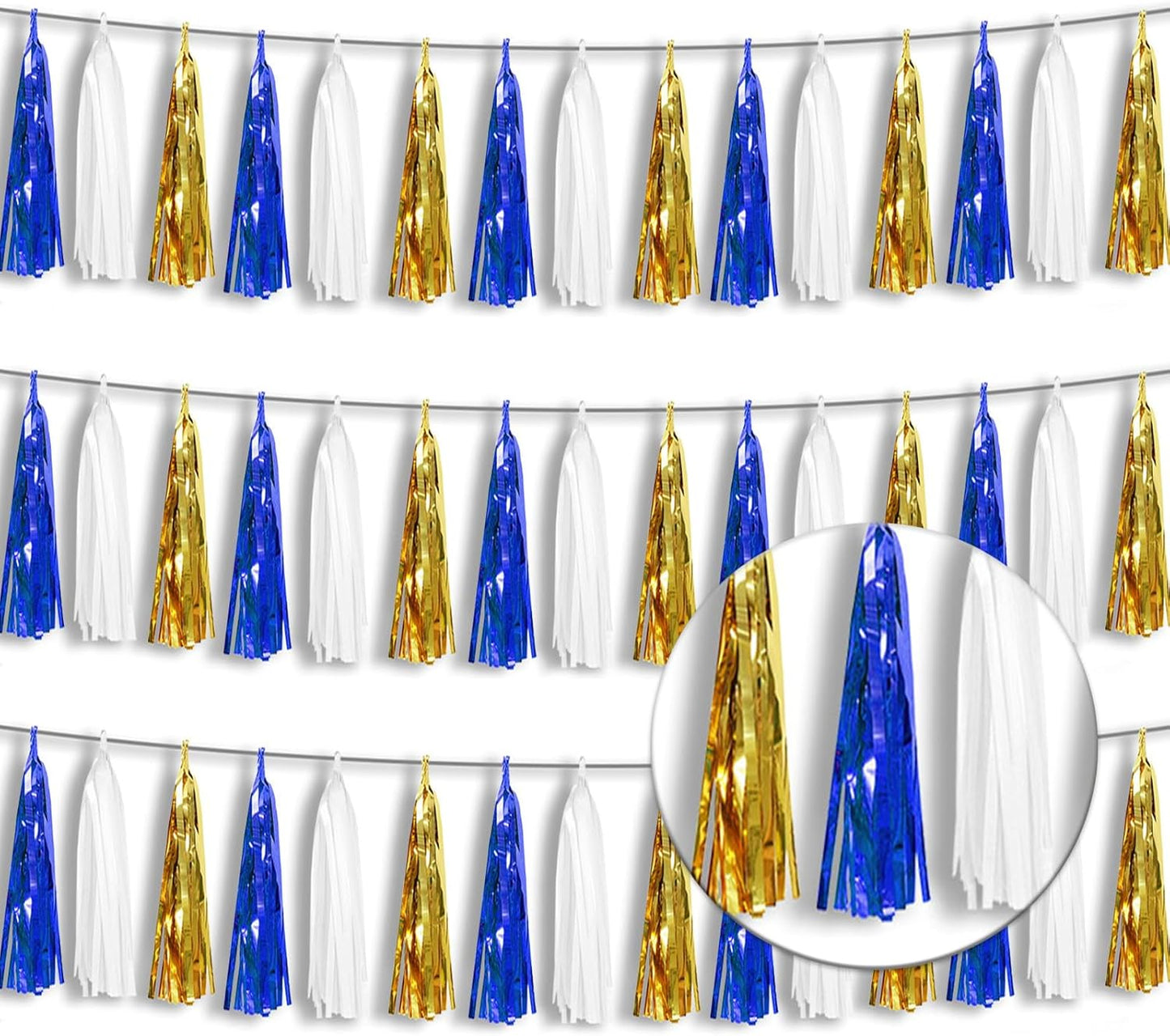 3P Metallic Fringe Tassel Banner Garland Foil Tinsel Streamer Wall Hanging Curtain Backdrop Banners for Parade Floats Birthday Party Graduation Retirement Party Decorations(Navy-Blue White and Gold)