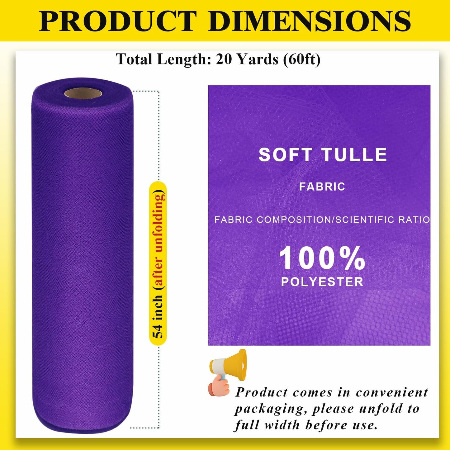 54" by 20 Yards Purple Tulle Fabric Rolls - Tutu Spool Bolt for DIY Wedding Decoration, Baby Shower Tutu Skirt, Gift Wrapping - Matte Tulle, Roll Packaging