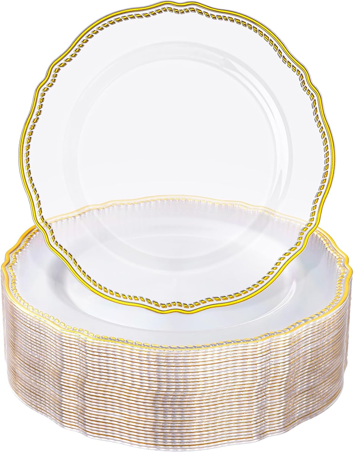 Hioasis 60pcs Clear Plastic Plates - Clear and Gold Disposable Dinnerware with Gold Rim, Heavy-duty, 7.5 inch, Dessert Plates for Party & Wedding