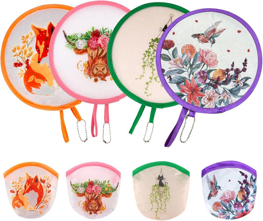 4 Styles Animal Flowers Round Foldable Hand Fan Japanese Foldable Fan Handheld Foldable Compact Cooling Fans,Round Folding Fan for Outdoor Games,Xmas Decoration,Festival,Party Favors,Travel,Events