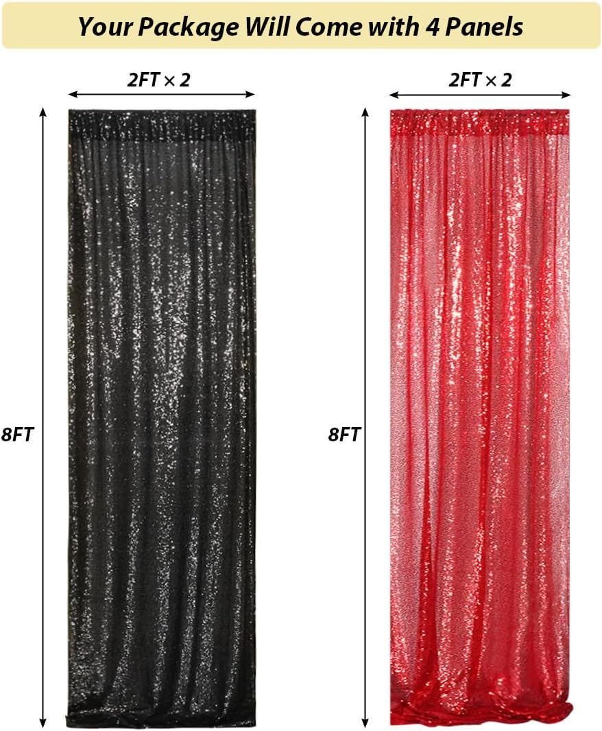 4 Panels Black&Red Sequin Backdrop Curtain 2FTx8FT Glitter Sequin Backdrop Curtains for Birthday Party Wedding Decoration