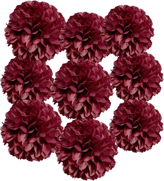 12pcs 10in 12in Burgundy Paper Pom Poms Tissue Paper Flower Hanging Paper Flower Balls Wedding Party Flower Decorations DIY Art Craft Blooms for Birthday Baby Shower Nursery Decor