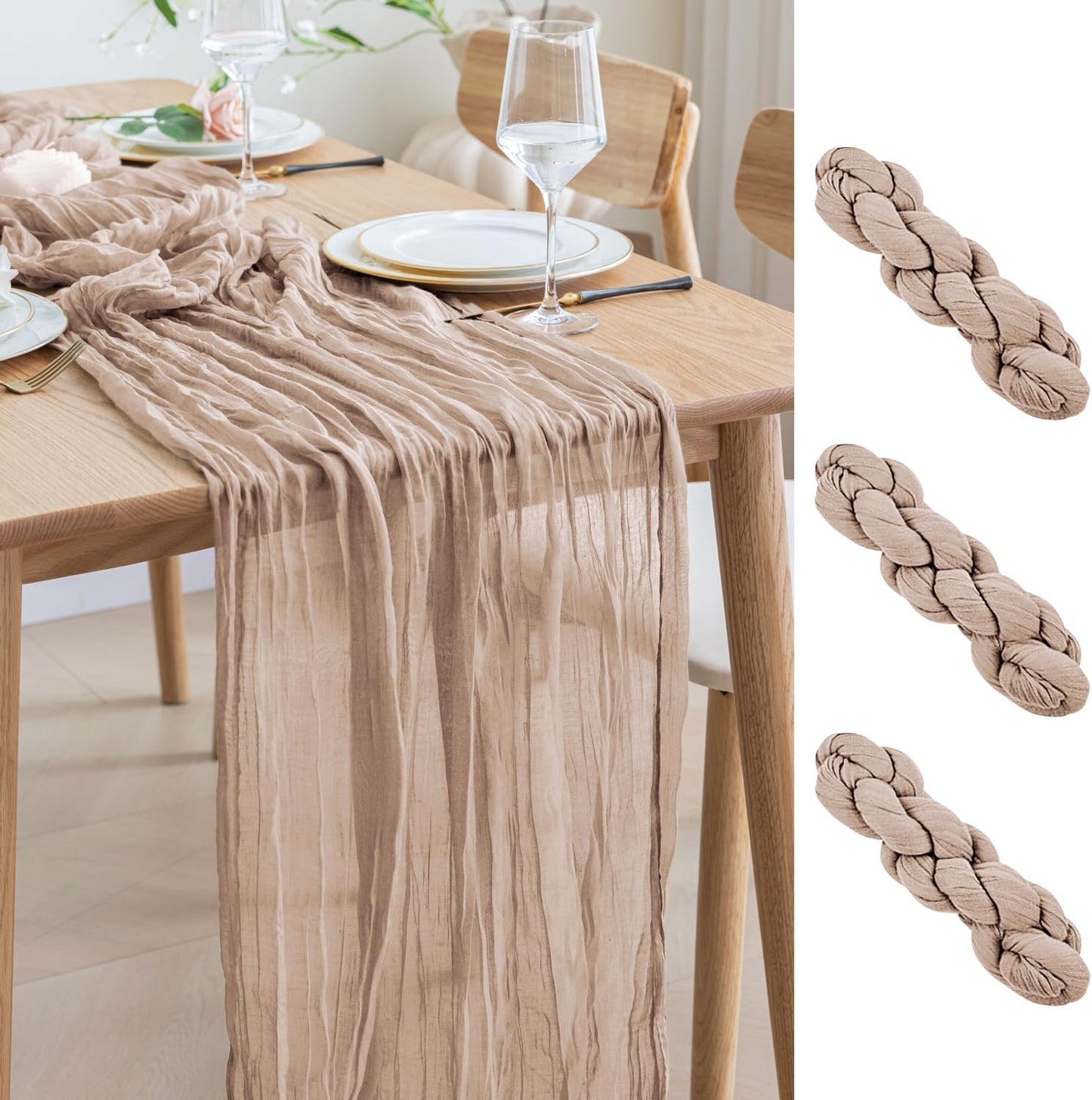 Asee'm 3pcs Cheesecloth Table Runner 120 Inches Long Nude Pink Boho Gauze Cheese Cloth Runner 10FT Rustic Sheer Table Runners for Christmas Wedding Party Baby Shower Spring Easter Decoration