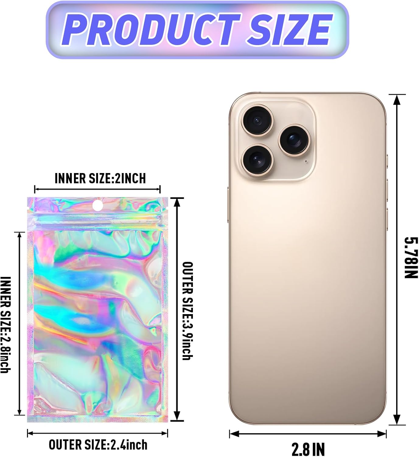 Funfery 100 Pack Smell Proof Holographic Bags Clear Resealable Bags,Mylar Foil Bag with Zipper,Seal Pouch Packaging Bag for Food Storage,Candy,Party Favor Sample Business Supplies(2.4x3.9in)