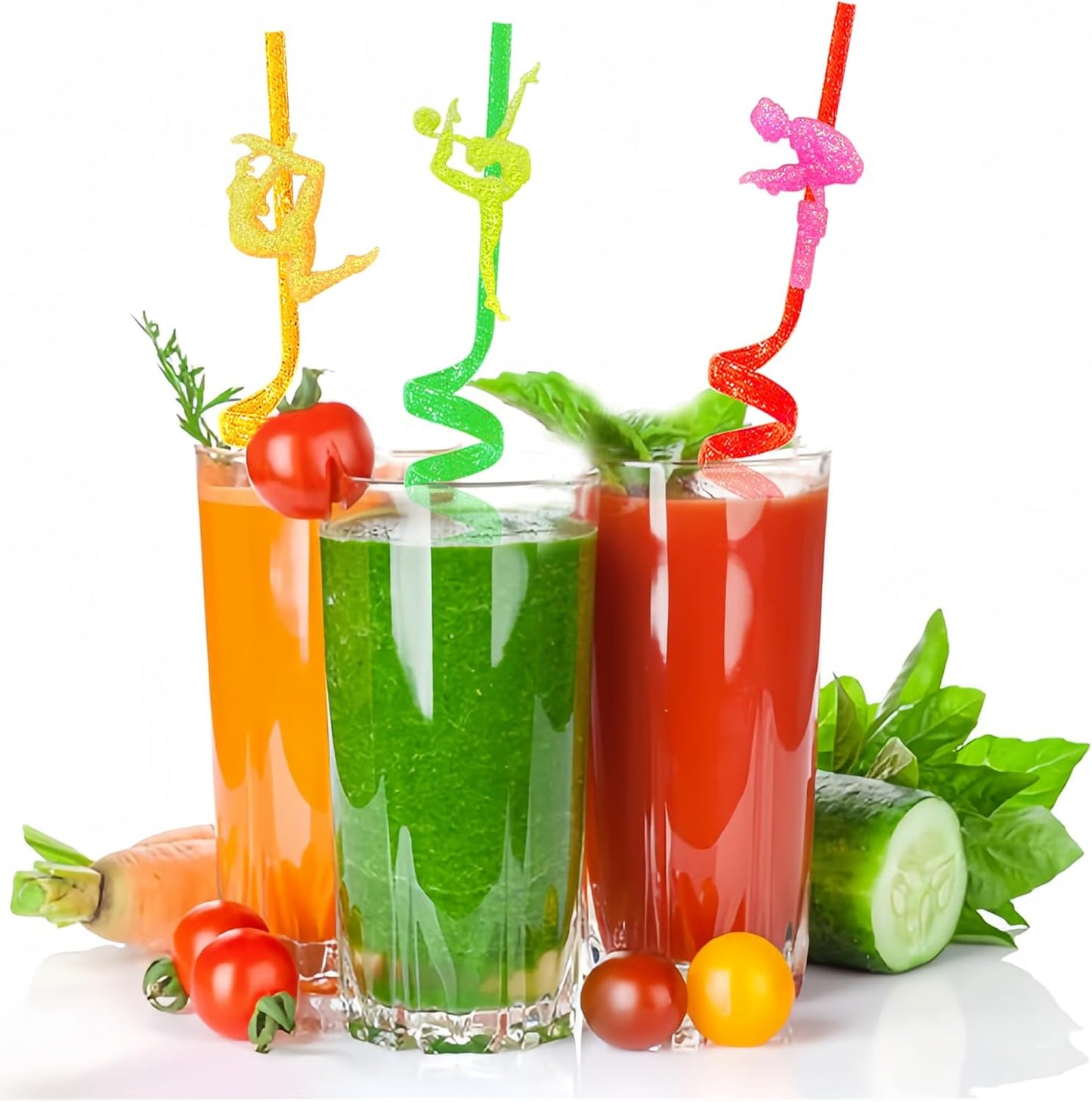 24 Reusable Gymnastics Party Glitter Straws,Cartoon Dance Aerobics Decoration Glitter Straws For Gymnastics Disco Party Favors With 2 Brushes 8Color