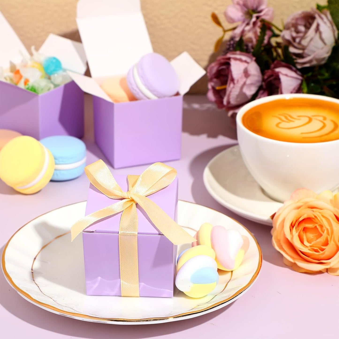 Jutom 100 Pcs Mini Favor Boxes Extra Small Candy Boxes Paper with Gold Ribbon for Christmas Thanksgiving Day Birthday Wedding Anniversary Supplies(2 x 2 x 2 Inch,Lavender)